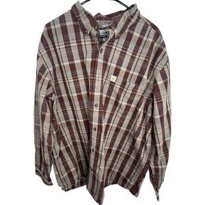 Men’s Carhartt Long Sleeve Button Up Maroon and Tan Plaid Shirt